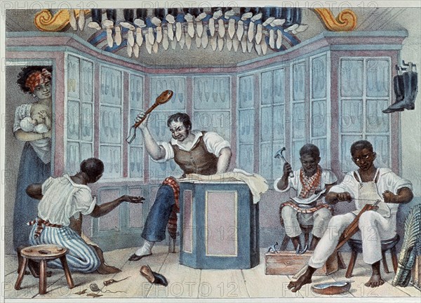 DEBRET JEAN BAPTISTE 1768/1848
TIENDA DE CALZADO CON ESCLAVOS NEGROS
PARIS, BIBLIOTECA
