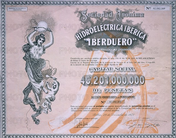 ACCION DE HIDROELECTRICA DE IBERDUERO-29/12/1973
MADRID, BOLSA DE COMERCIO
MADRID