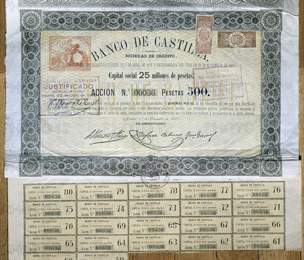 BANCO DE CASTILLA-ACCION DE 500 PTS-1/12/1880
MADRID, BOLSA DE COMERCIO
MADRID