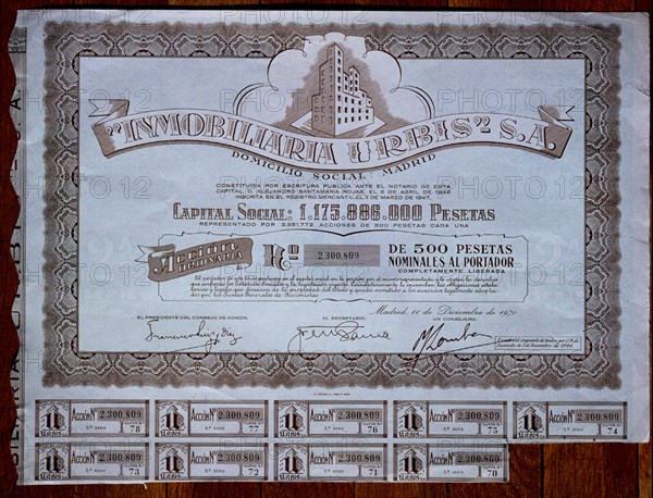 ACCION DE 500 PTS DE LA INMOBILIARIA URBIS-11/12/1970
MADRID, BOLSA DE COMERCIO
MADRID