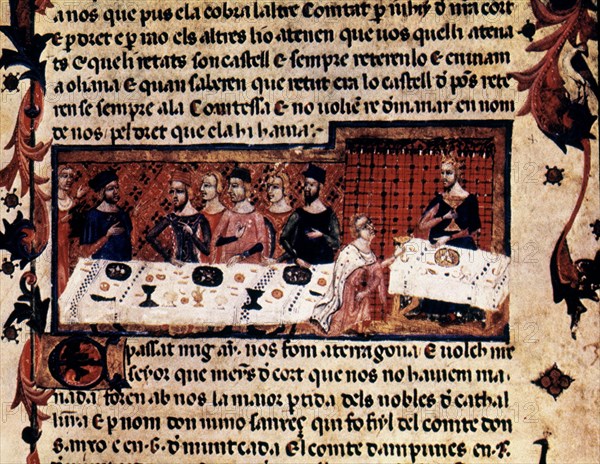 CRONICA DE JAIME I O LIVRE DELS FEYTS-1247-ESCENA DE BANQUETE CORTESANO-MANUSCRITO