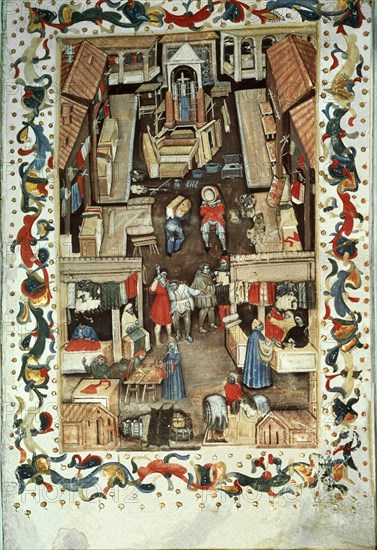 MINIATURA S XV-CALLE COMERCIANTES DE STOIFE Y ARREDI
BOLONIA, MUSEO CIVICO
ITALIA

This image
