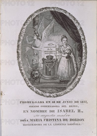GRABADO-ALEGORIA CONSTITUCION DE 1837-ISABEL II NIÑA SOSTIENE CONSTITUCION
MADRID,