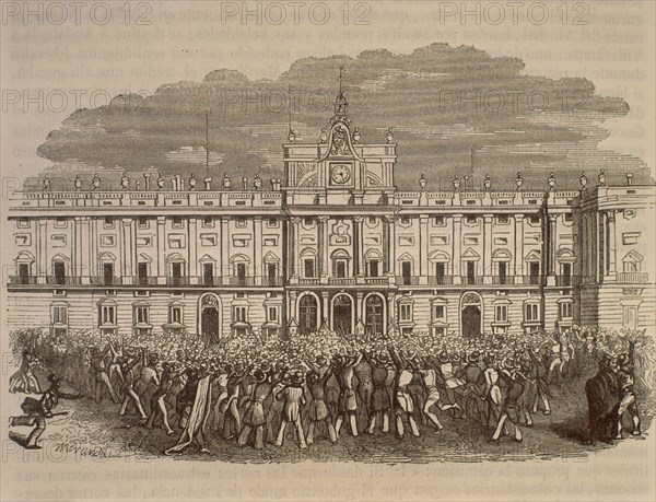 GRABADO-EL PUEBLO DE MADRID ANTE PALACIO 19-2-1822