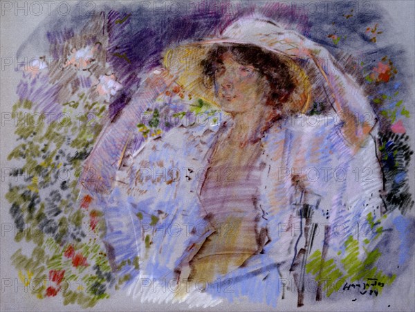 GRAU SANTOS JULIAN
(JOVEN SENTADA EN JARDIN CON PAMELA SOBRE LA CABEZA)1984-PASTEL

This image