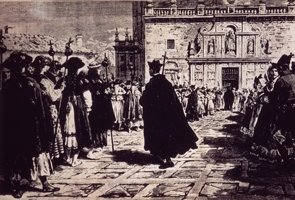 URRABIETA DANIEL
LITOGRAFIA-PEREGRINOS FRENTE A LA PUERTA SANTA DE COMPOSTELA-1880
SANTIAGO DE