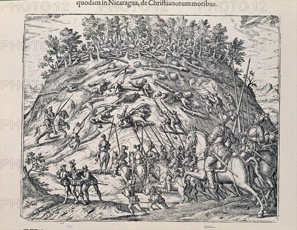 BRY THEODORE 1528-1598
GRANDES VIAJES 1590. GRABADO FLAMENCO-AMERICA-PARTE 4-GRABADO-BATALLA ENTRE