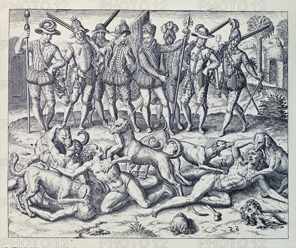 BRY THEODORE 1528-1598
GRANDES VIAJES-1590. AMERICA-PARTE 6-INDIOS ECHADOS A LOS PERROS-S XVI