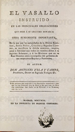 VILA Y CAMPS
EL VASALLO INSTRUIDO-MADRID-1792
MADRID, BIBLIOTECA NACIONAL PISOS
MADRID

This