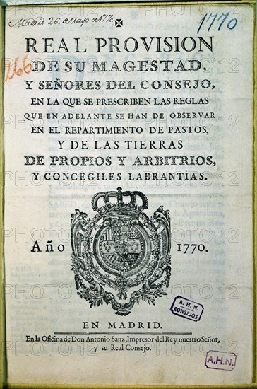 REAL PROVISION-REGLAS PARA REPARTO DE PASTOS
MADRID, ARCHIVO HISTORICO NACIONAL
MADRID