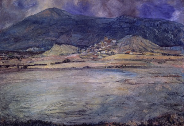 Ignacio Zuloaga (1870-1945)     PUEBLO DE ZARAGOZA - ESCO - SIGLO XX - OLEO/LIENZO - 90 X 30 CMS.