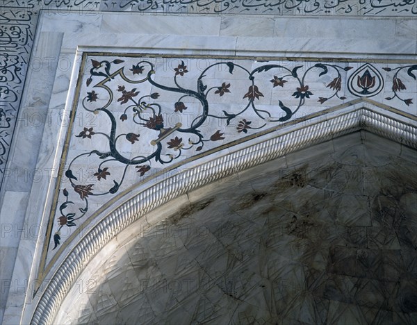 DET SUP IZQ DEL ARCO TUDOR DE ACCESO CON DECORAC VEGETAL
AGRA, TAJ MAHAL
INDIA

This image is