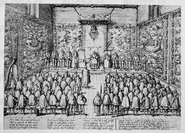 HOGENBERG
GRABADO-CARLOS V ABDICA DE LOS PAISES BAJOS 25/10/1555 BRUSELAS
MADRID, BIBLIOTECA