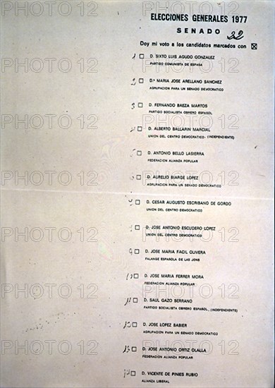 PAPELETA DE LAS ELECCIONES GENERALES DE 1977 PARA EL SENADO
MADRID,