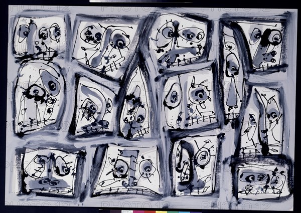 SAURA ANTONIO 1930-98
CATORCE ROSTROS-TECNICA MIXTA SOBRE CARTULINA-70X100 CM-1983
MADRID,