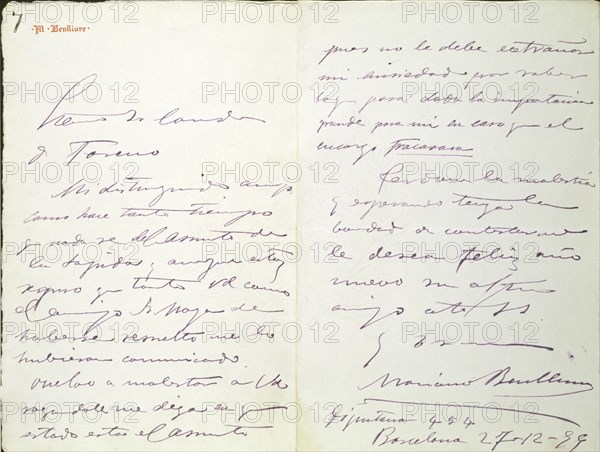BENLLIURE MARIANO 1862/1947
CARTA DE MARIANO BENLLIURE AL CDE TORENO 27/12/1899 SOBRE PROYECTO DE