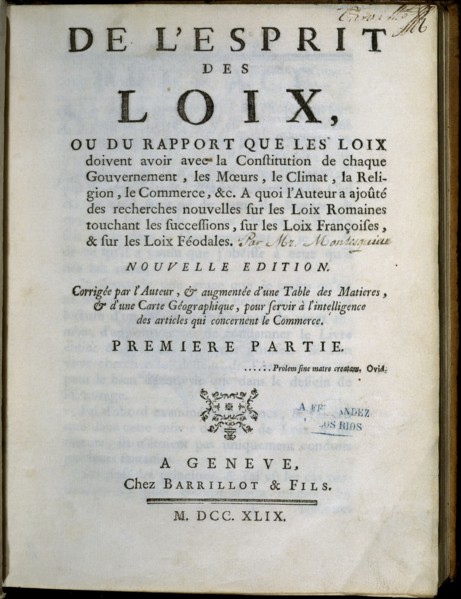 Première page de "L'Esprit des Loix" par Montesquieu