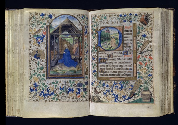 LIBRO DE HORAS AL USO DE ROMA-FLANDES S XV-IZQ:NATIVIDAD-DCHA JESUS SE APARECE A MOISES EN LA