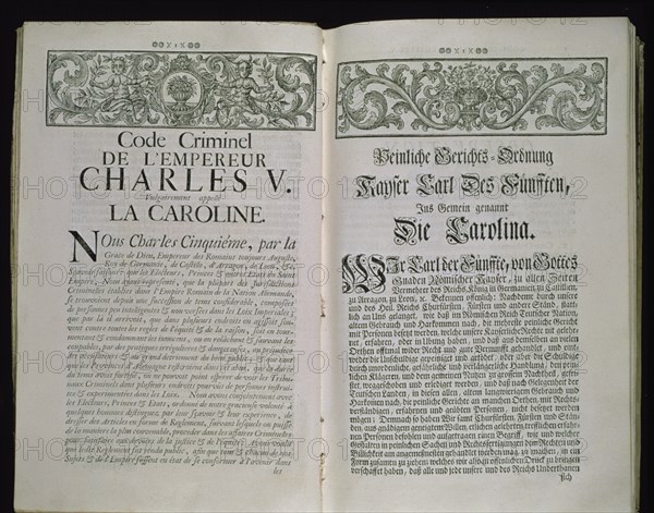 CODICE CRIMINAL DEL EMPERADOR CARLOS V,VULGARMENTE LLAMADO"LA CAROLINA"DOBLE PAGINA EN FRANCES Y