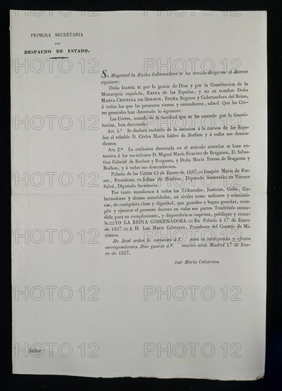 DECRETO DE CORTES DIRIGIDO POR LA REINA REGENTE SOBRE EXCLUSION DE SUCESION 1837-FIRMA