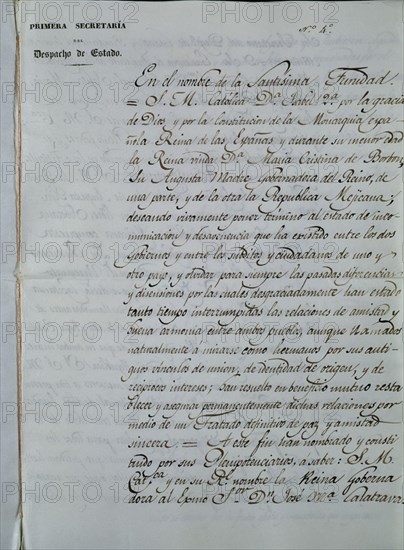 DOCUMENTO PARA CREAR UN TRATADO DE PAZ ENTRE ESPAÑA Y LA REPUBLICA DE MEJICO-REINA REGENTE
MADRID,