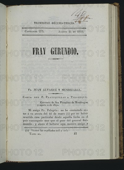ALVAREZ MENDIZABAL JUAN
"FRAY GERUNDIO" 11/8/1840
MADRID, CONGRESO DE LOS