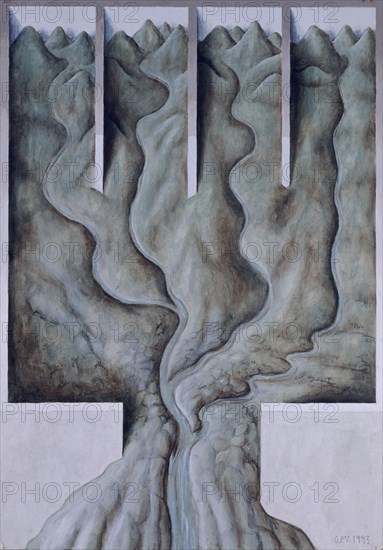 PEREZ VILLALTA GUILLERMO 1948-
LA CASA DE LOS AFLUENTES- 1993 - 100x70- CARTON/TABLE- DE LA SERIE