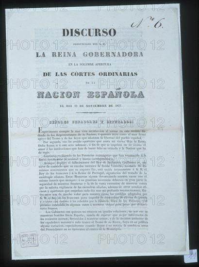 DISCURSO PRONUNCIADO POR LA REINA GOBERNADORA EN LA APERTURA DE LAS CORTES ORDINARIAS -