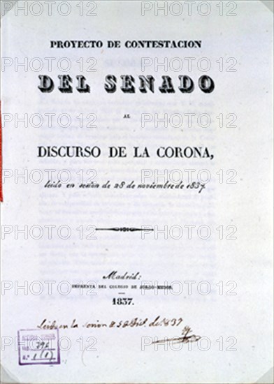 PROYECTO DE CONTESTACION DEL SENADO AL DISCURSO DE LA CORONA - 28/11/1837 - ESCRITO A MANO