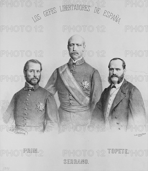 LOS JEFES LIBERTADORES DE ESPAÑA PRIM SERRANO Y TOPETE - LITOGRAFIA S XIX
MADRID, MUSEO