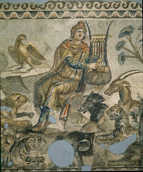 ORFEO TOCANDO LA LIRA PARA LOS ANIMALES- MOSAICO FECHADO EL SIGLO III DC - MITOLOGIA