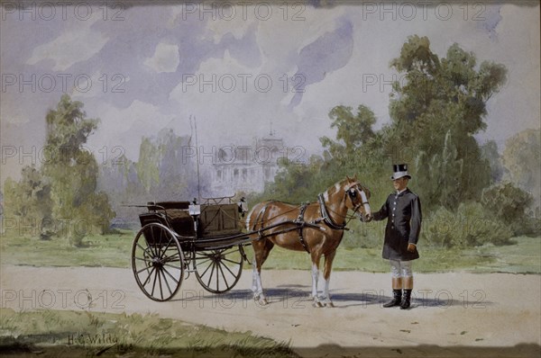 WILDA H G 1862/?
COCHERO CON UNIFORME INGLES DE PIE AL LADO DE UN COCHE DE CABALLOS (GIGUE) -
