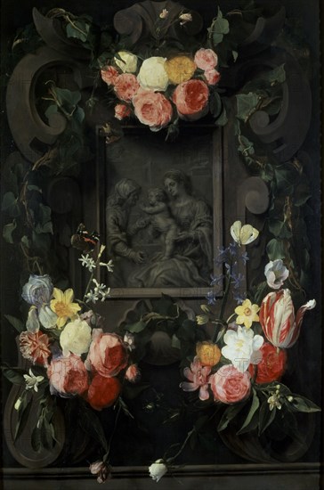 SEGHERS DANIEL 1590/1661
LA VIRGEN Y EL NIÑO CON SANTA ANA EN UN MARCO FLORIDO - S XVII - BARROCO