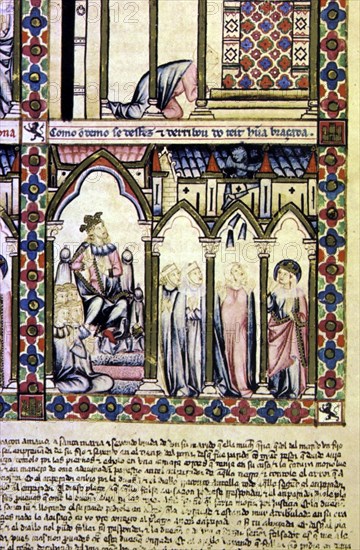 Devil fleeing through the ceiling in front of the Emperor, the Virgin and a Lady