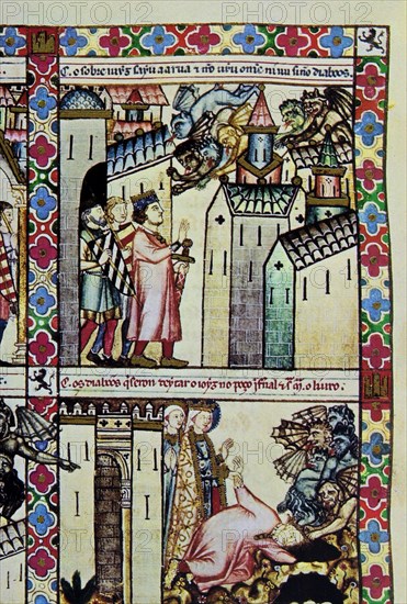 ALFONSO X EL SABIO 1221/84
D-MTI1-CANTIGA STA MARIA Nº119-F169V-B- UN SOBREJUEZ SALE DE SU CASA