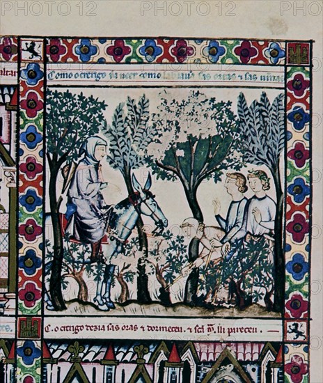 ALFONSO X EL SABIO 1221/84
D-MTI1-CANTIGA STA MARIA Nº132-F187R-B-EL AMO DEL VIÑEDO INSPECCIONANDO