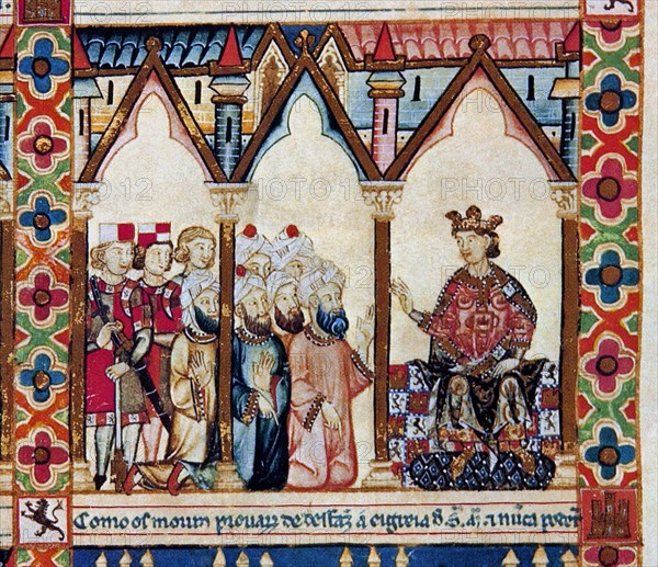 ALFONSO X EL SABIO 1221/84
D-MTI1-CANTIGA STA MARIA Nº169-F226V-D-REY MORO DE MURCIA ANTE LA CORTE
