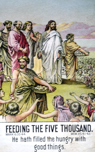 Old bible card depicting Jesus feeding the 5000