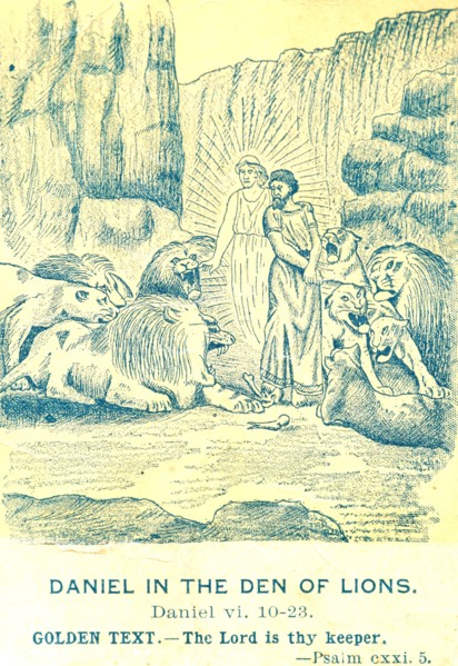 Old bible lesson card art showing Daniel in the Lion`s Den
