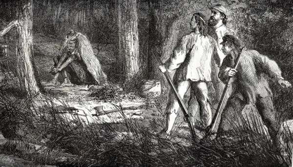 Gold-diggers discovering the body of an Indian, 1866
