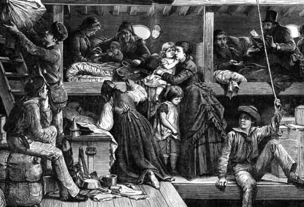 Emigrants travelling in a ship's hold, 1890