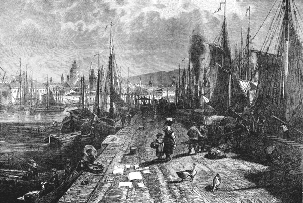 View over one of the harbour of Mainz in 1890