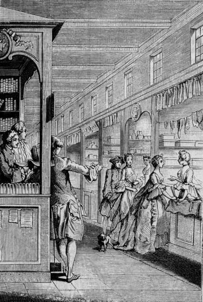 Bookseller in his shop in France, 18th century