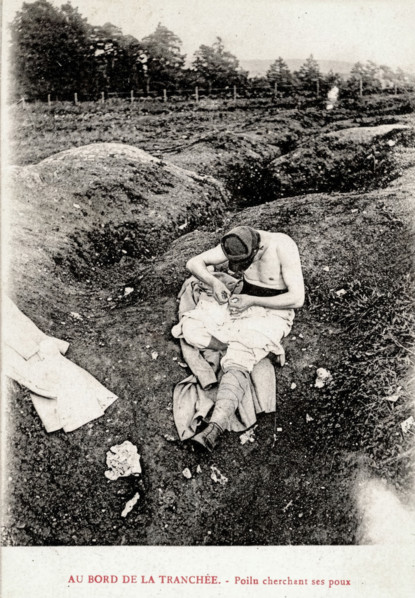 A 'Poilu' Taking out his Lice in the Trench
