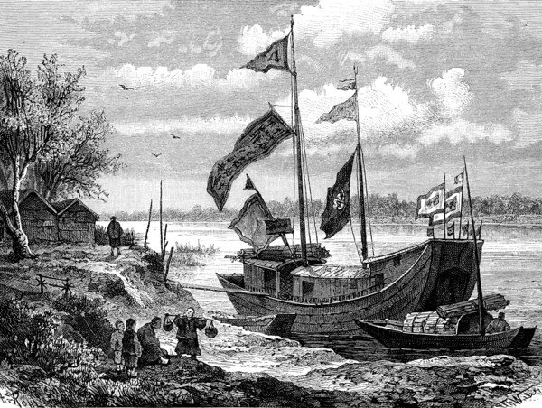 Chinese Army ship in front of Tan Gouan, China.Desing by Th. Weber
1873                      Le