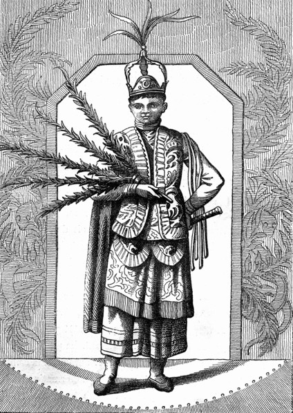 Costume dance, dances of Montezuma, Guam island in the Mariana islands,
engraved by Roger