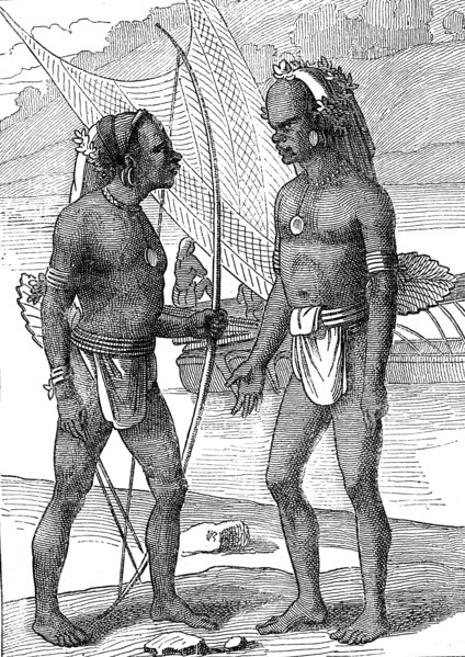 Natives from Vanikoro island. Pacific ocean. From " Travellers of XIXth century  " by Jules Verne