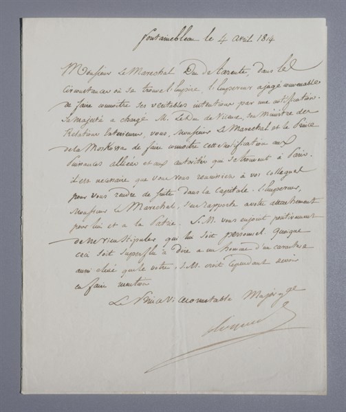 Lettre du maréchal Berthier au maréchal duc de Tarente concernant l'abdication de Napoléon