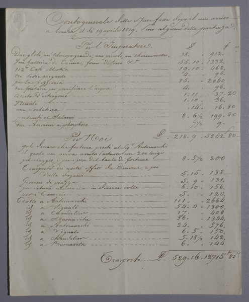 Manuscrit d'Antonio Buonavitta concernant les vivres et objets à amener à l'Empereur Napoléon 1er (1819)