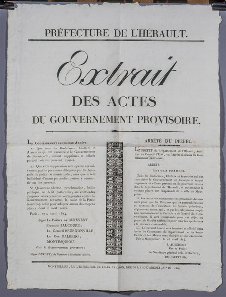 Affiche du gouvernement provisoire annonçant l'interdictions des armes de Bonaparte en France (1814)